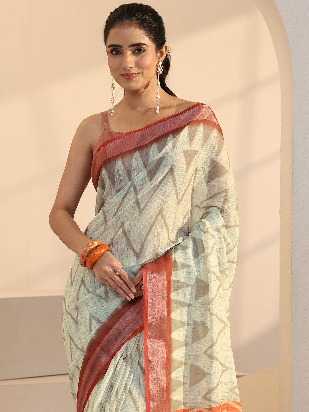 Libas Beige Chevron Printed cotton blend Saree