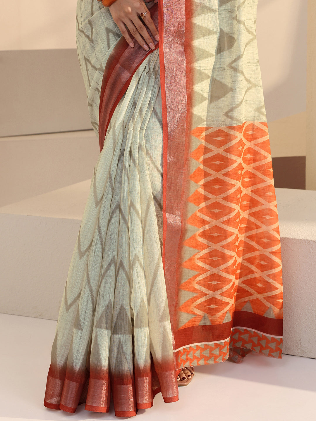 Libas Beige Chevron Printed cotton blend Saree