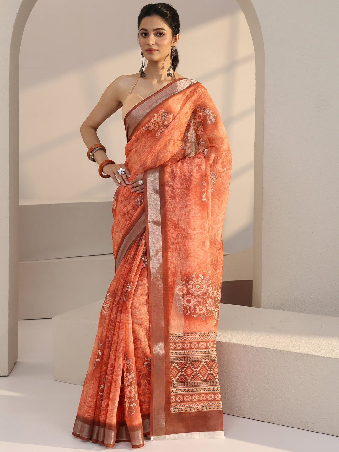 Libas Peach Floral Print Cotton Blend Saree
