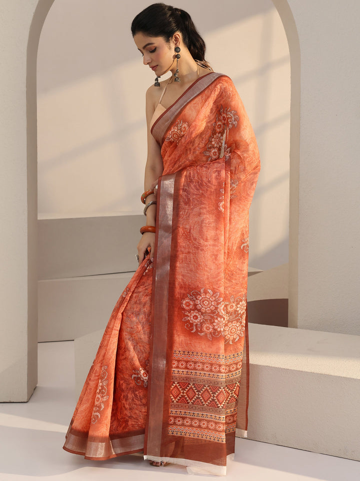 Libas Peach Floral Print Cotton Blend Saree
