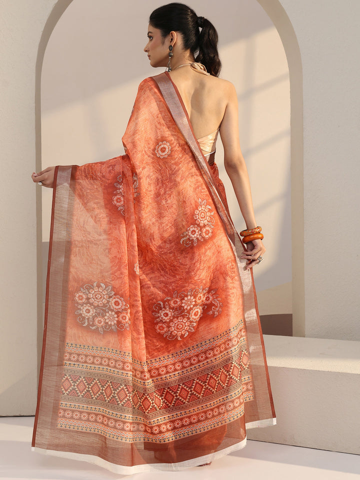 Libas Peach Floral Print Cotton Blend Saree