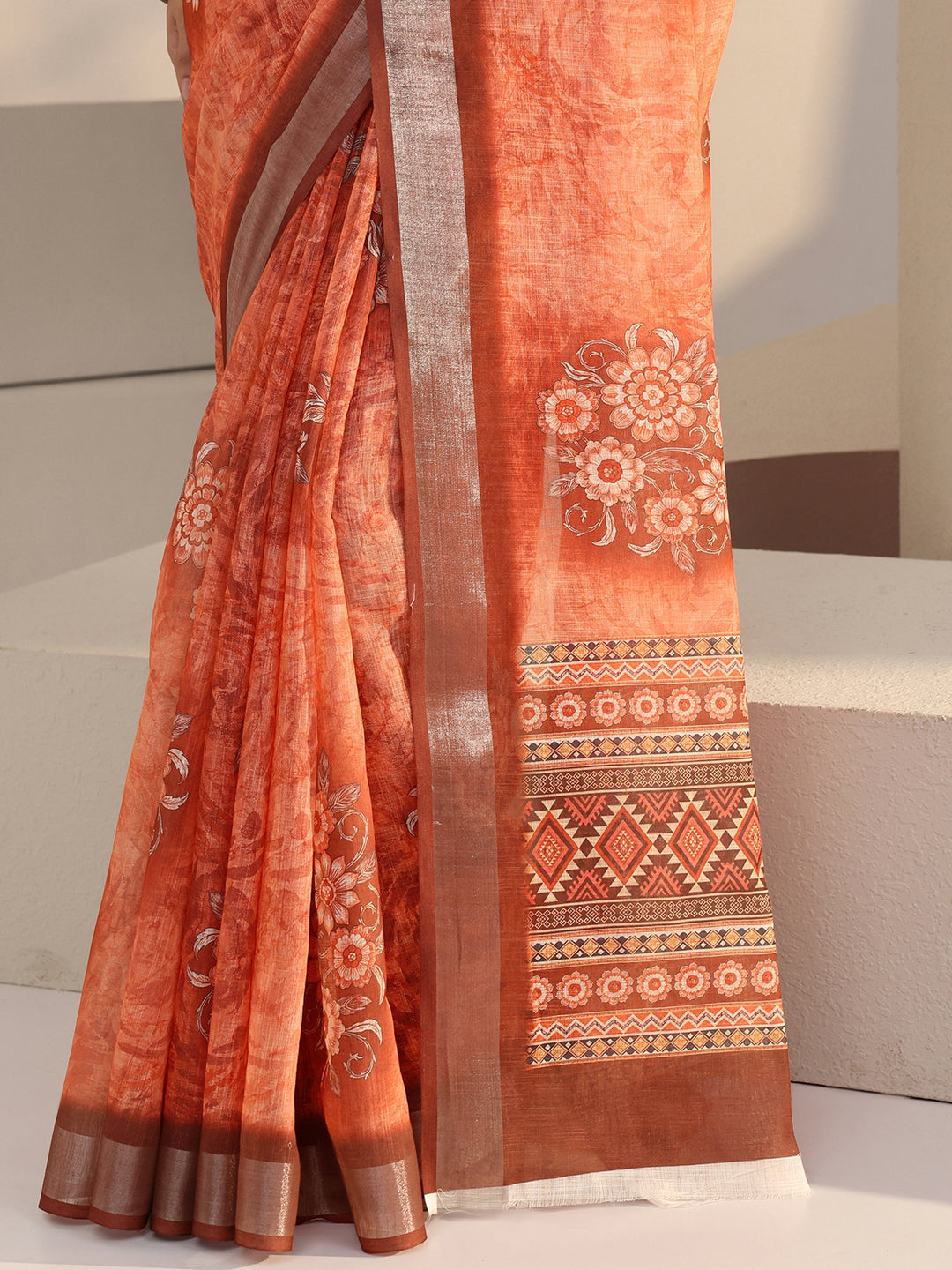 Libas Peach Floral Print Cotton Blend Saree