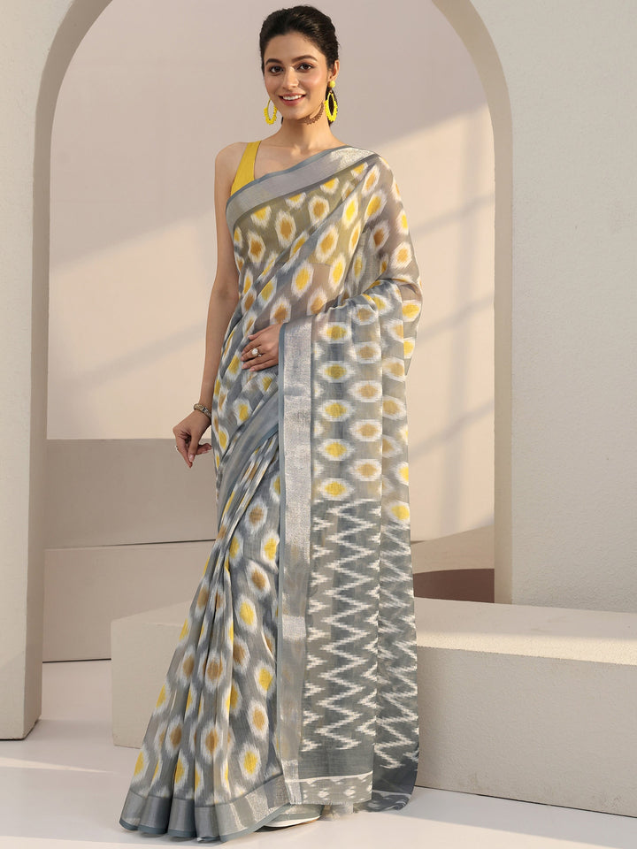 Libas Grey Geometric Printed cotton blend Saree