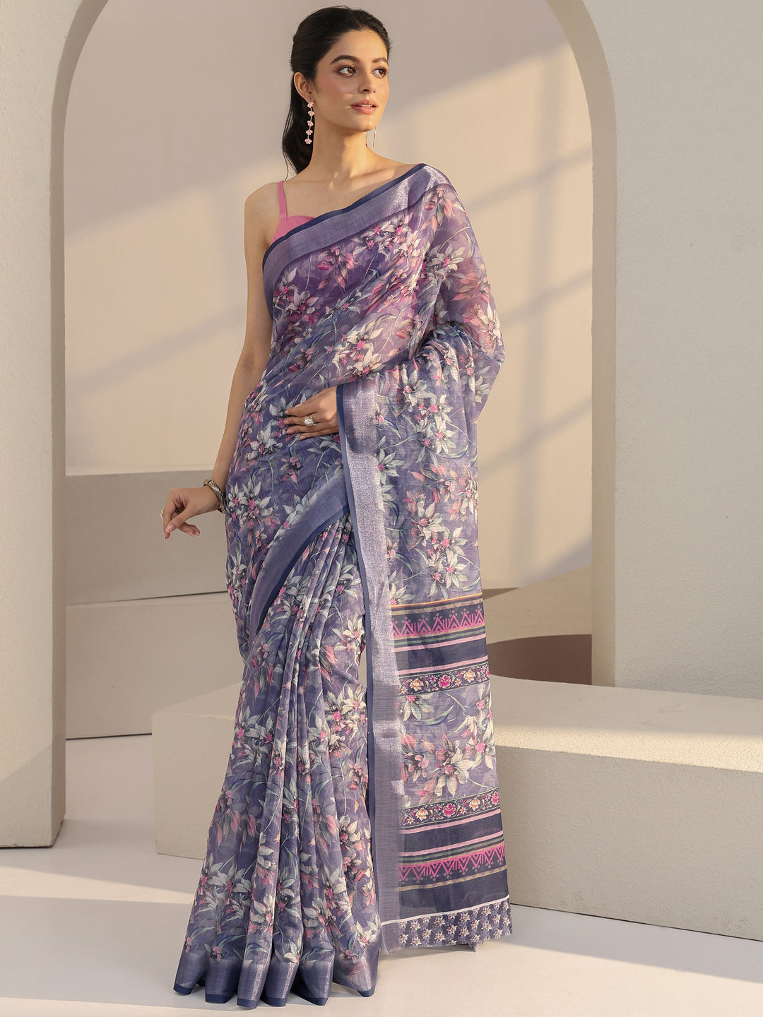 Libas Purple Floral Printed cotton blend Saree