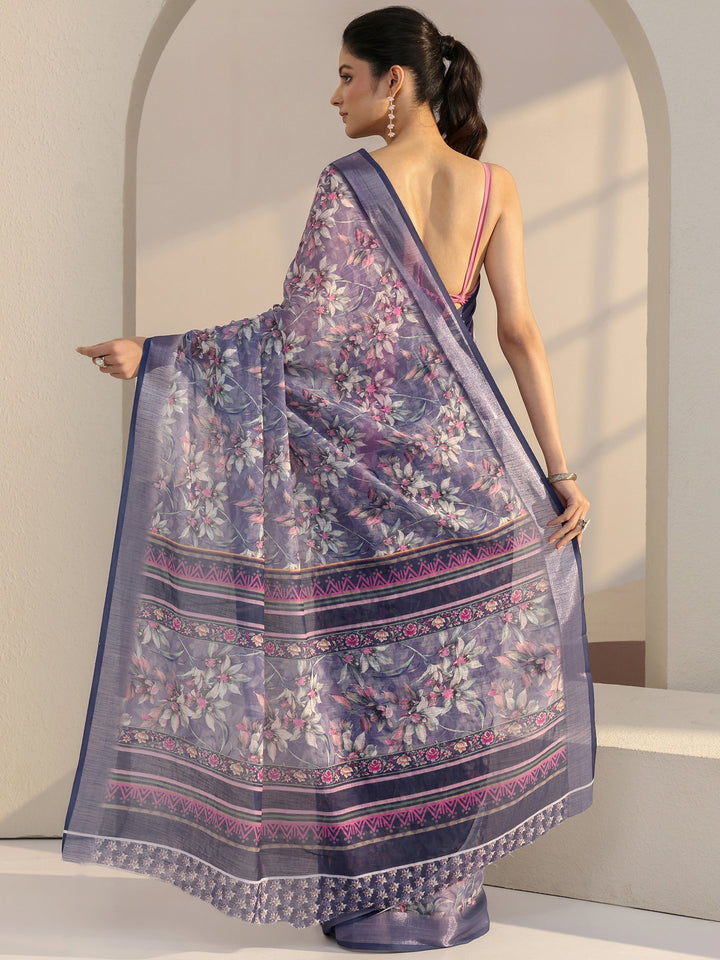 Libas Purple Floral Printed cotton blend Saree