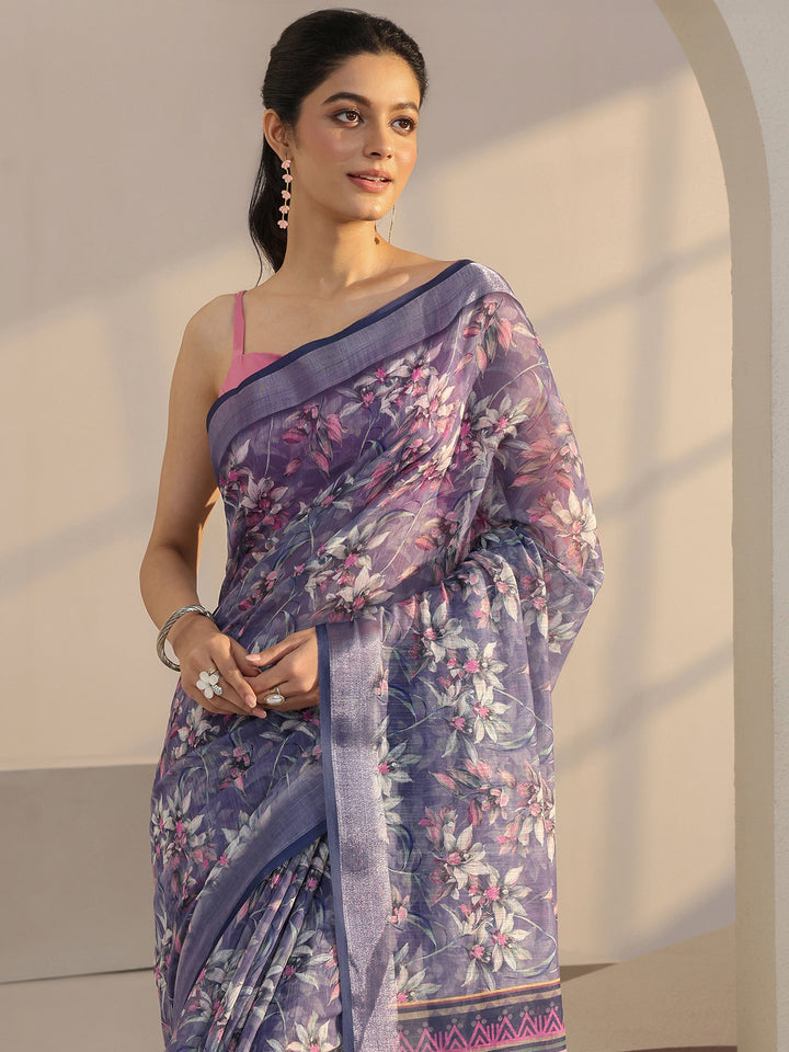 Libas Purple Floral Printed cotton blend Saree