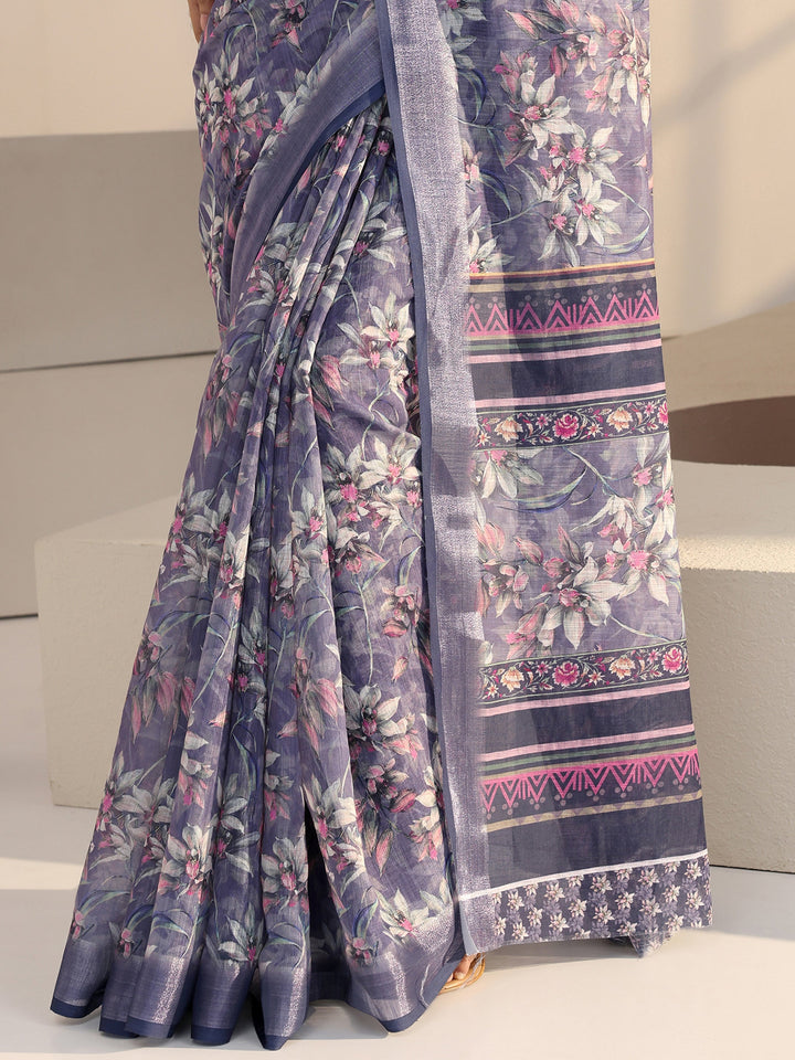 Libas Purple Floral Printed cotton blend Saree
