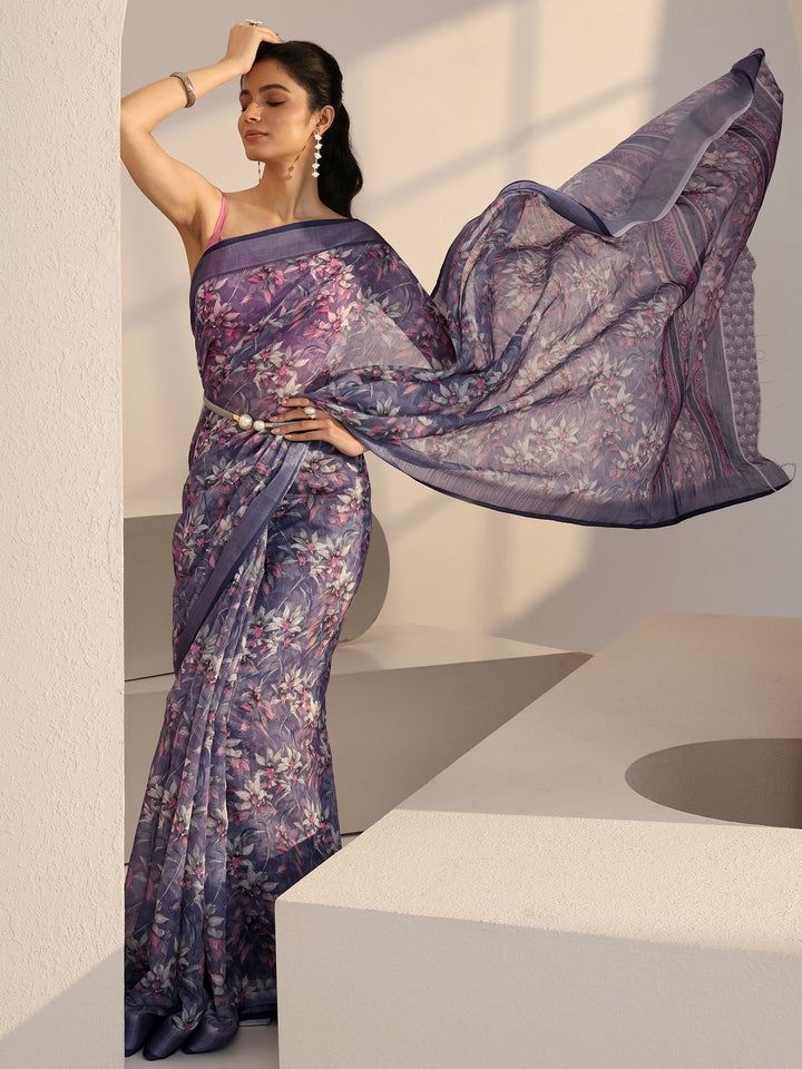 Libas Purple Floral Printed cotton blend Saree