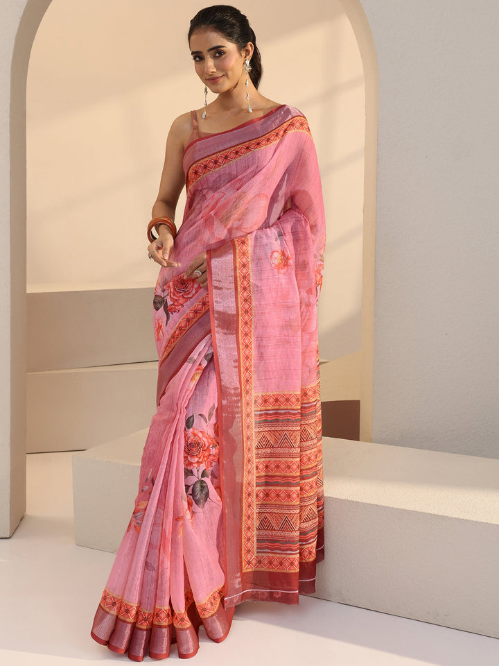 Libas Purple Floral Printed cotton blend Saree