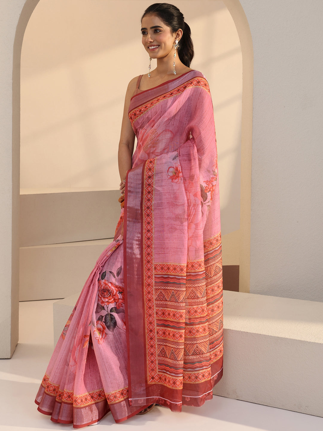 Libas Purple Floral Printed cotton blend Saree