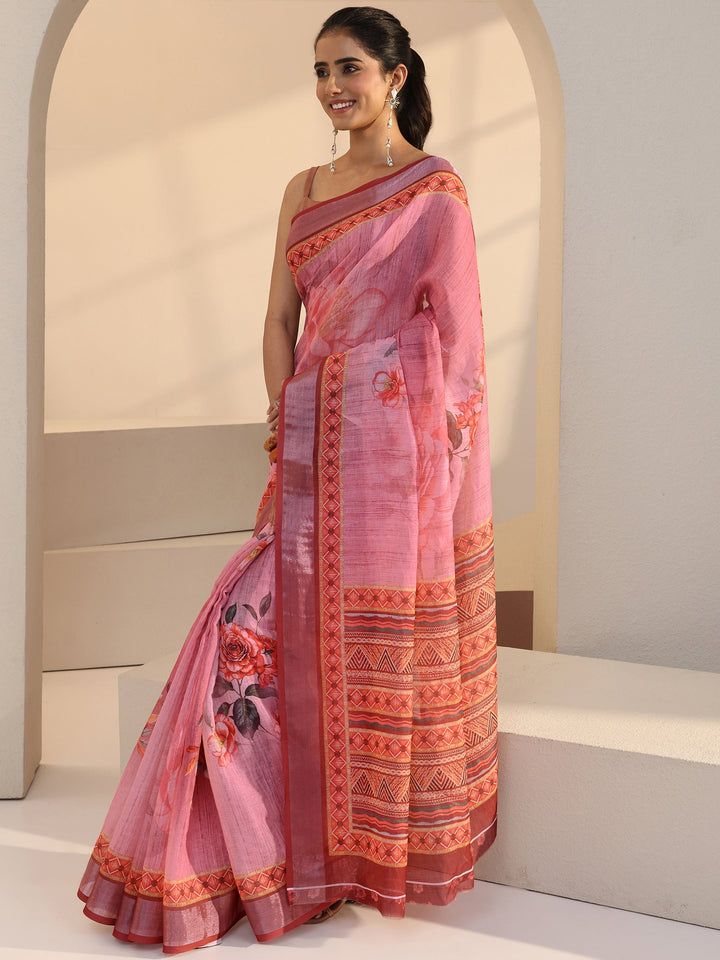 Libas Purple Floral Printed cotton blend Saree