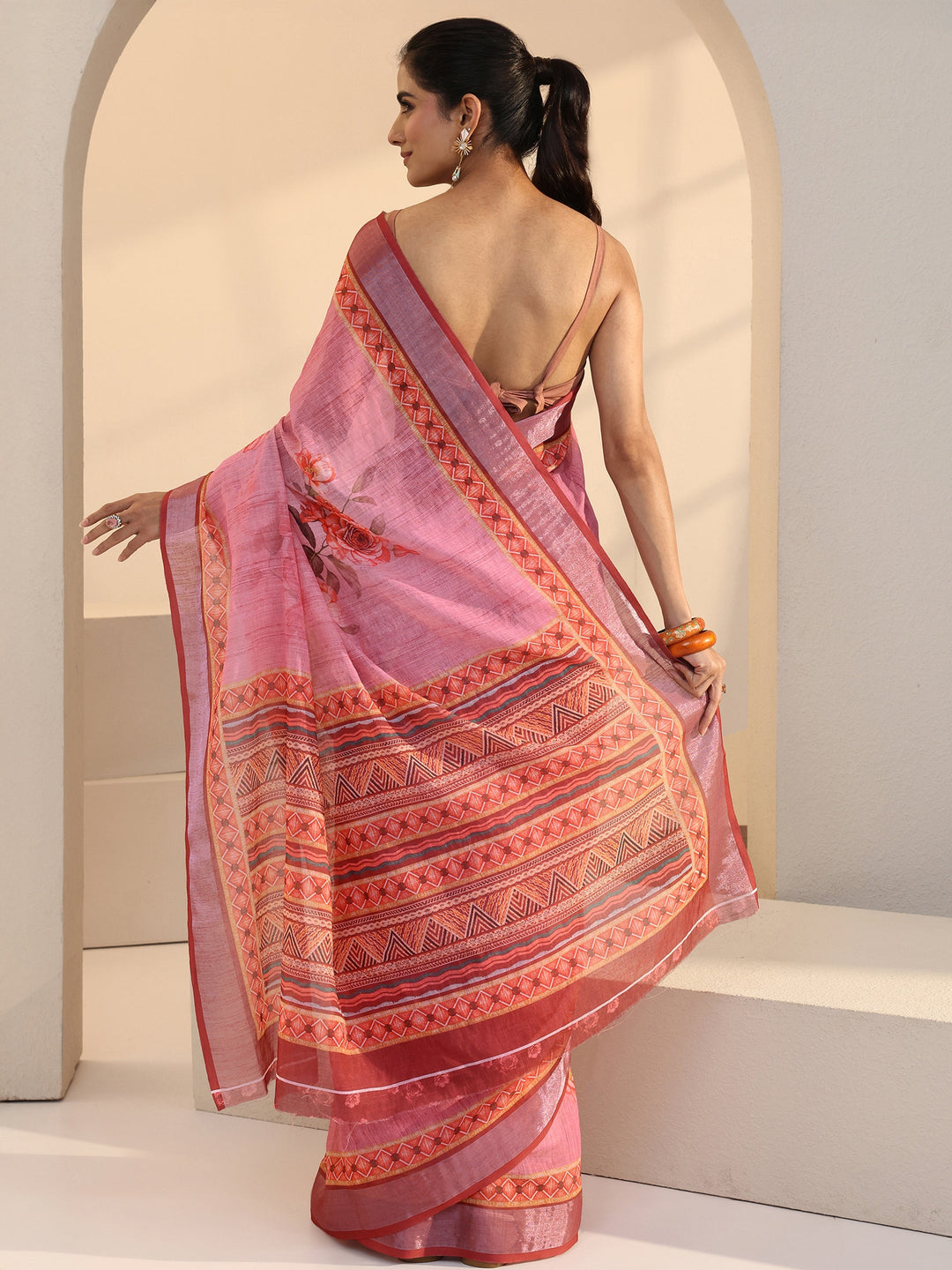 Libas Purple Floral Printed cotton blend Saree