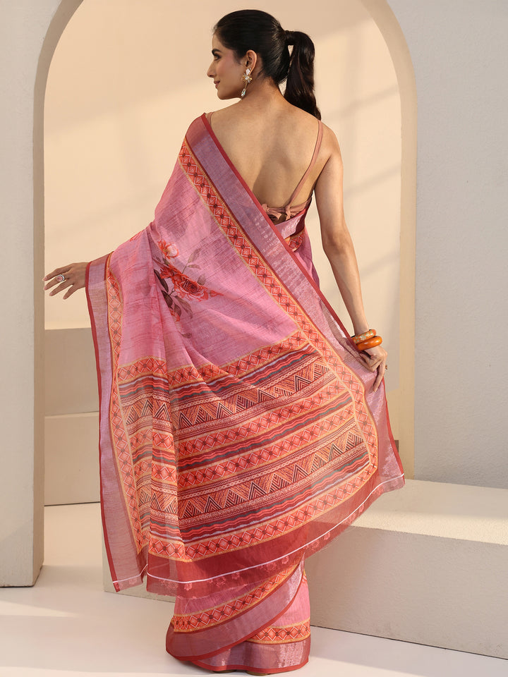 Pink Floral Printed cotton blend Saree
