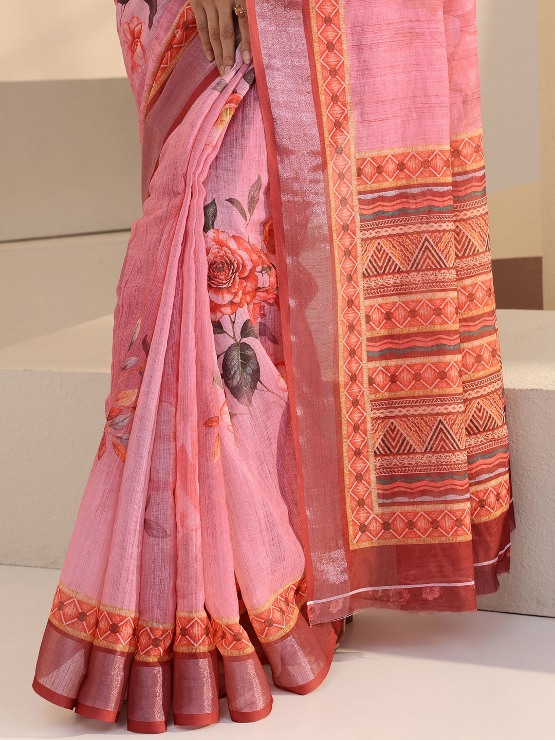 Libas Purple Floral Printed cotton blend Saree
