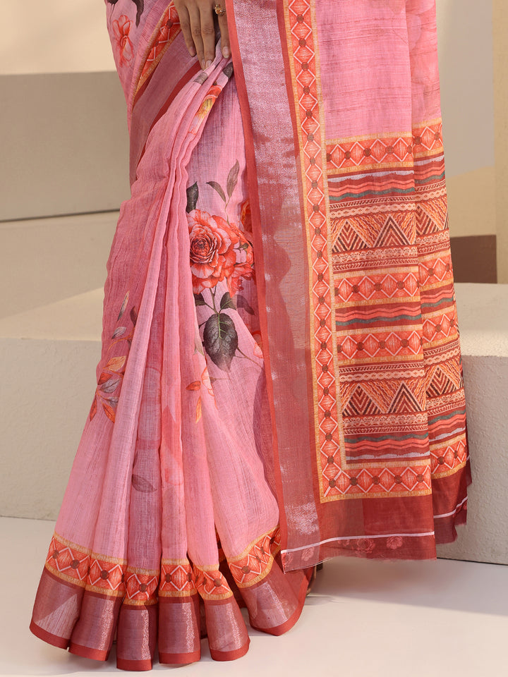 Pink Floral Printed cotton blend Saree