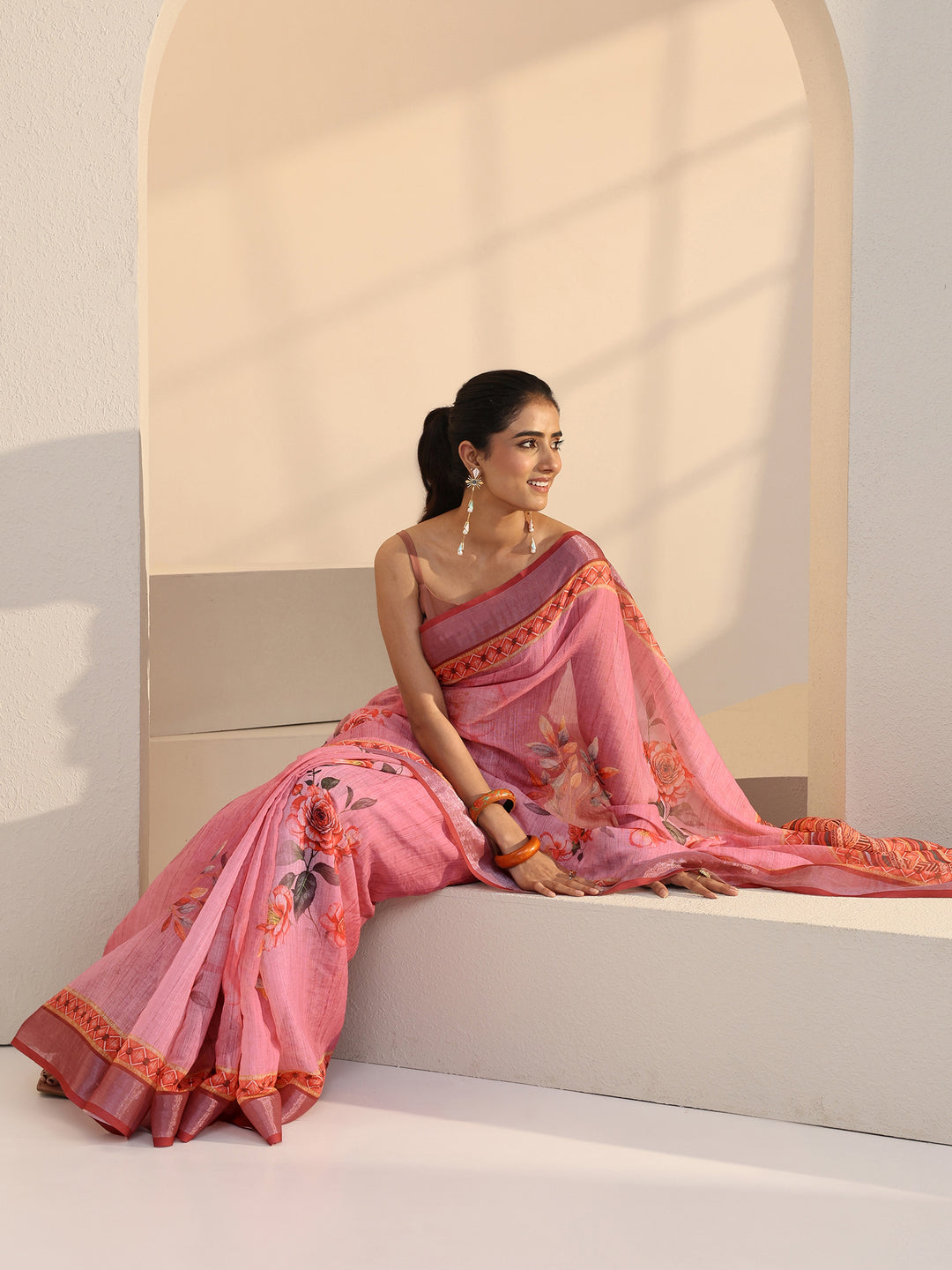 Pink Floral Printed cotton blend Saree