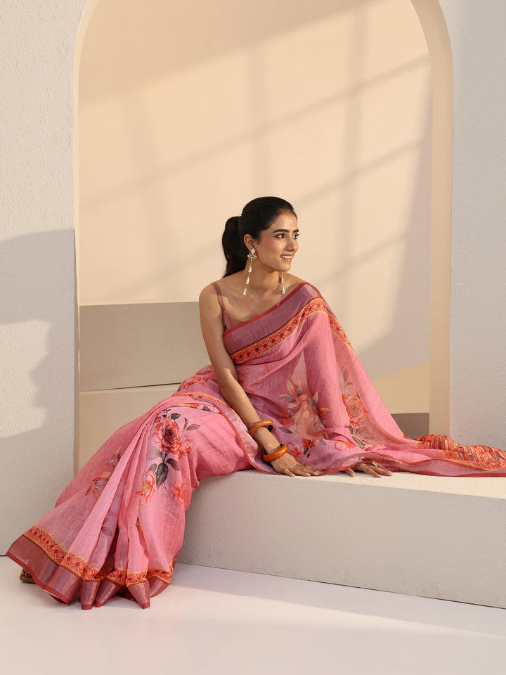 Pink Floral Printed cotton blend Saree