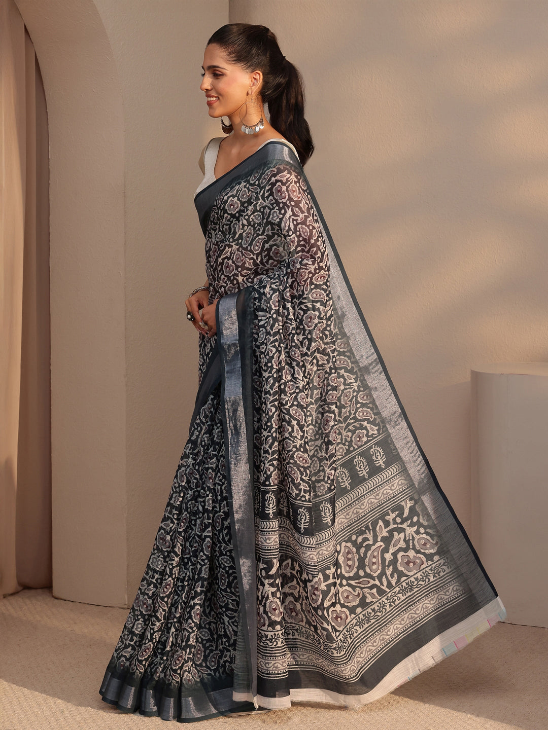 Libas Black Bagru Printed Cotton Blend Saree