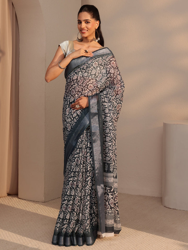 Libas Black Bagru Printed Cotton Blend Saree