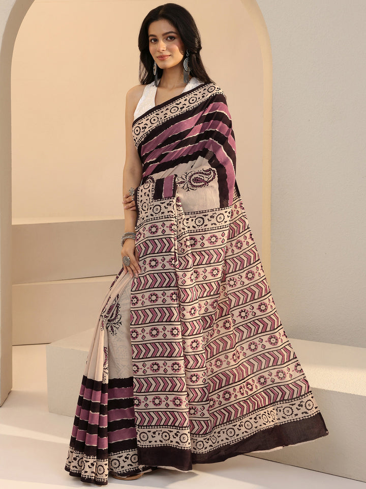 Libas Beige Paisley Print Cotton Saree