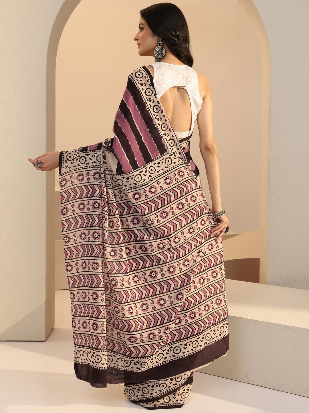 Libas Beige Paisley Print Cotton Saree