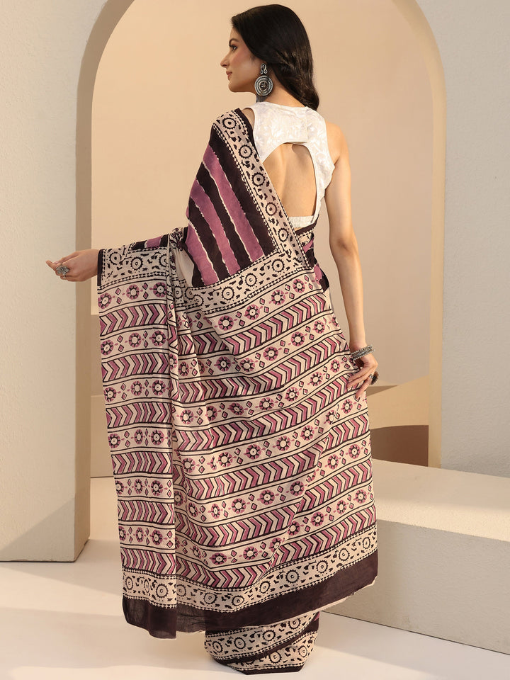 Libas Beige Paisley Print Cotton Saree