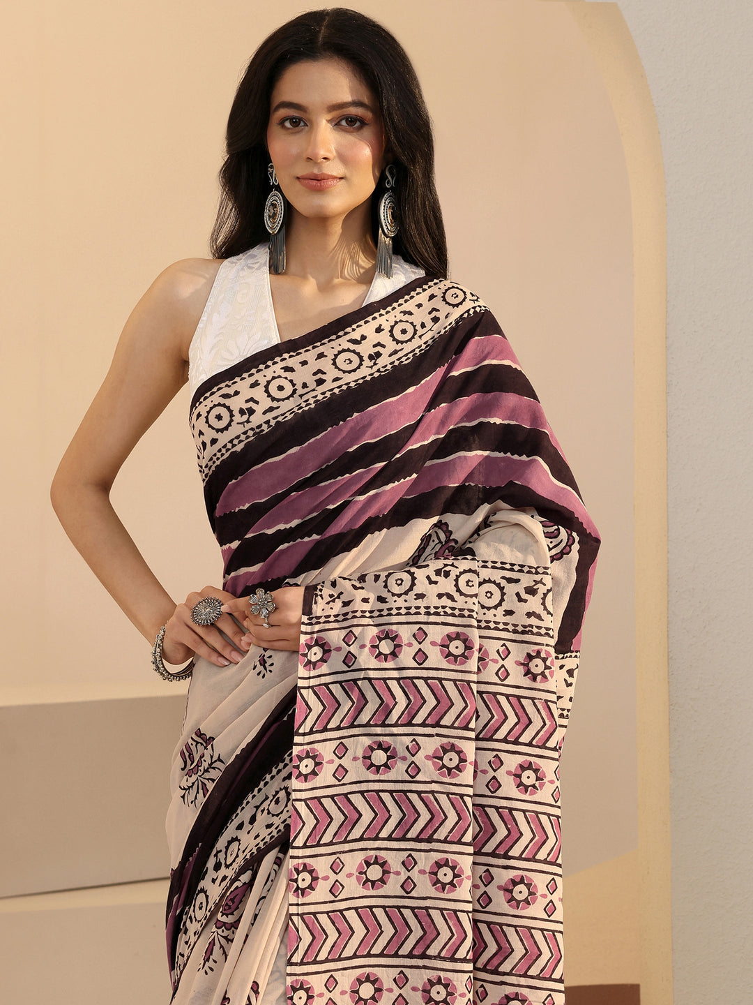 Libas Beige Paisley Print Cotton Saree