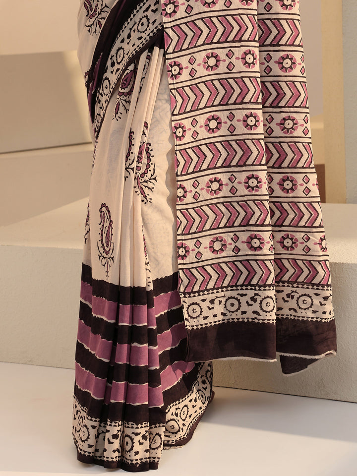 Libas Beige Paisley Print Cotton Saree