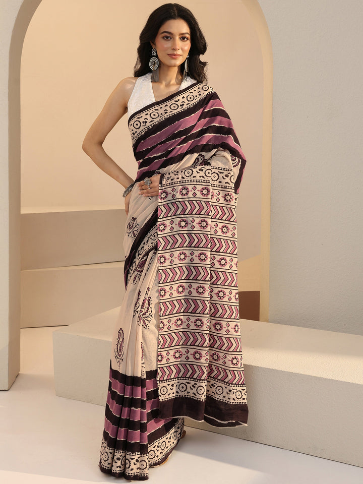 Libas Beige Paisley Print Cotton Saree