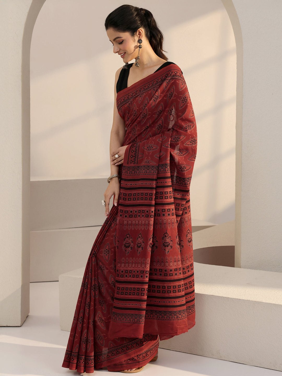 Libas Terracotta Red Ajrakh Print Cotton Saree