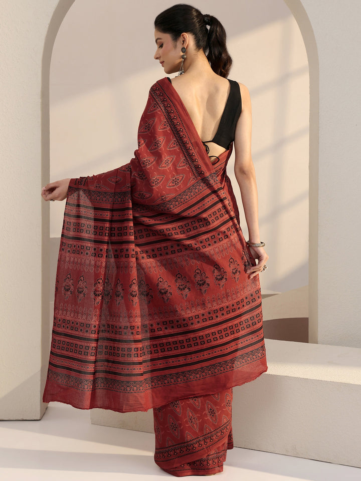 Libas Terracotta Red Ajrakh Print Cotton Saree