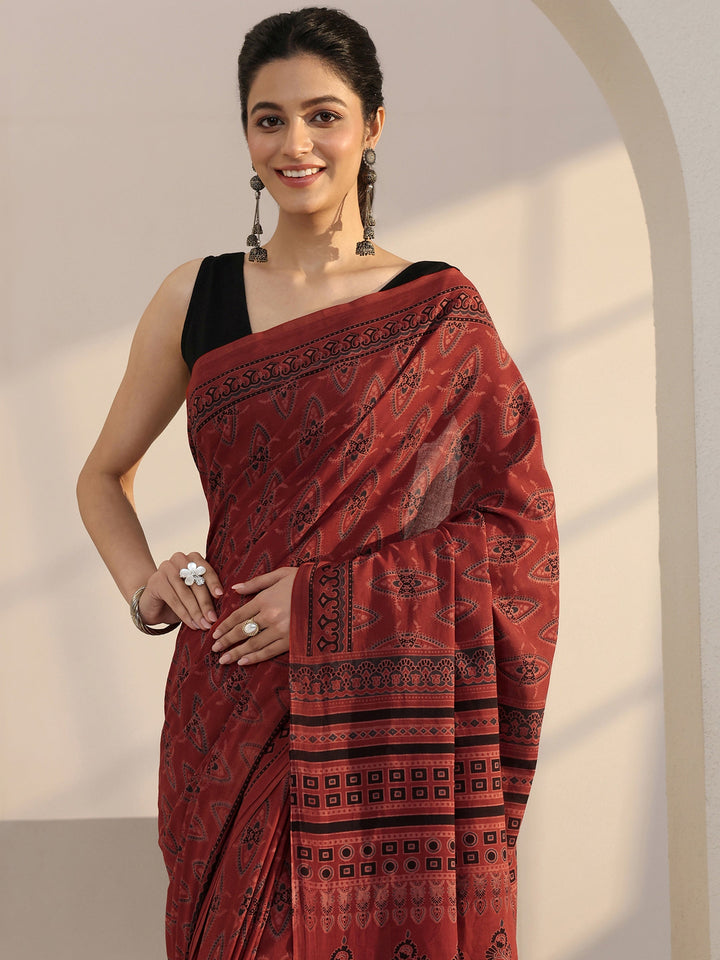 Libas Terracotta Red Ajrakh Print Cotton Saree