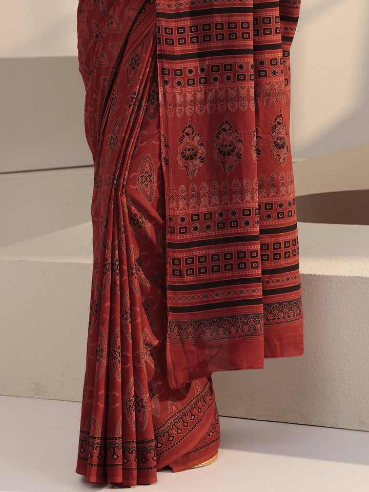 Libas Terracotta Red Ajrakh Print Cotton Saree