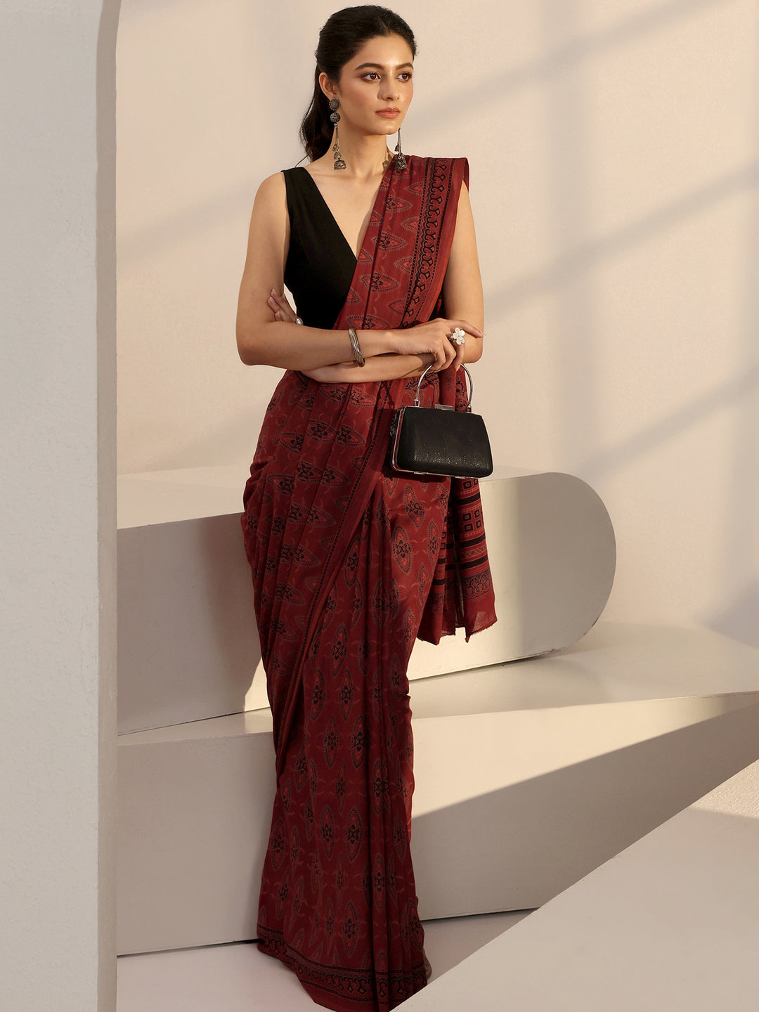 Libas Terracotta Red Ajrakh Print Cotton Saree