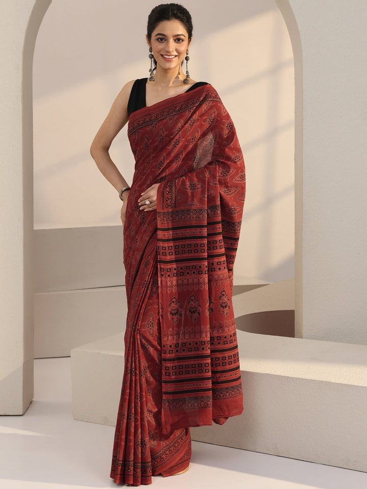 Libas Terracotta Red Ajrakh Print Cotton Saree