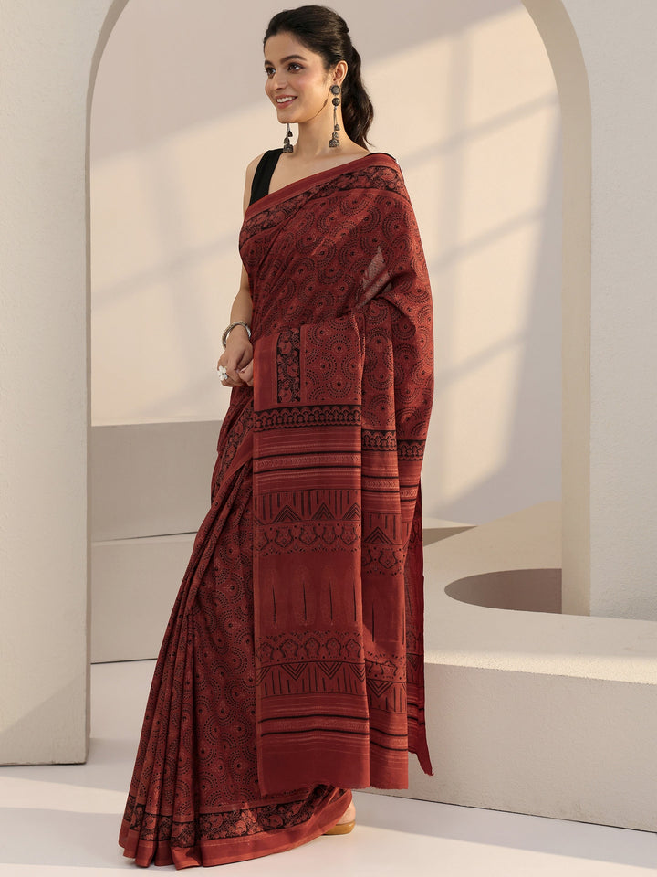Libas Rust Red Ajrakh Print Cotton Saree