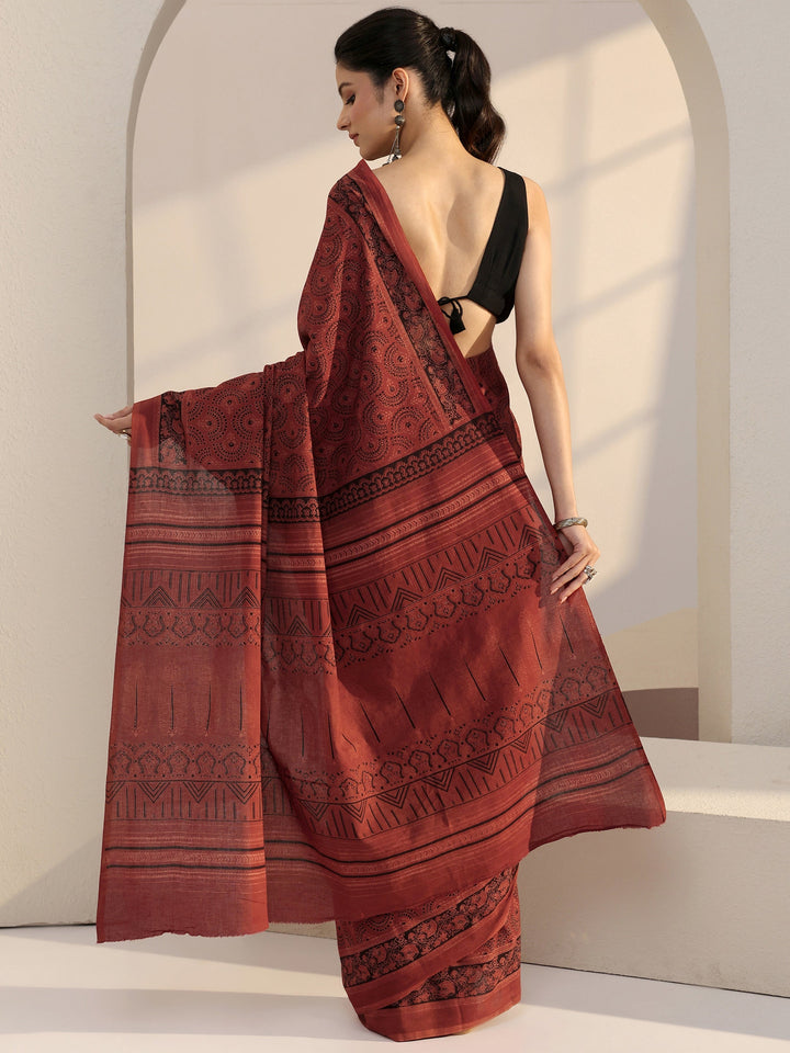 Libas Rust Red Ajrakh Print Cotton Saree