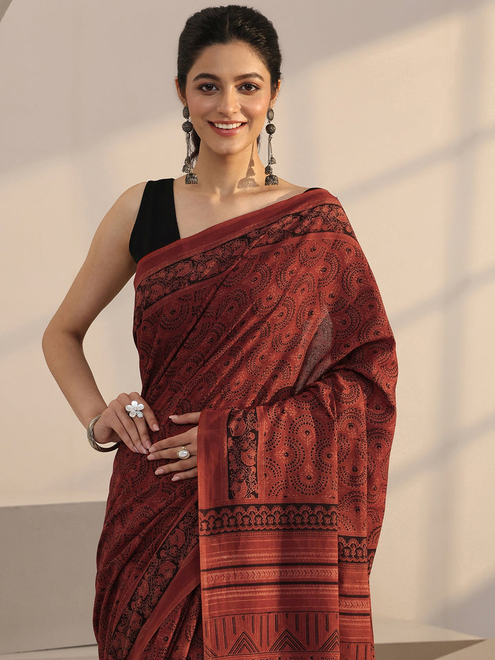 Libas Rust Red Ajrakh Print Cotton Saree