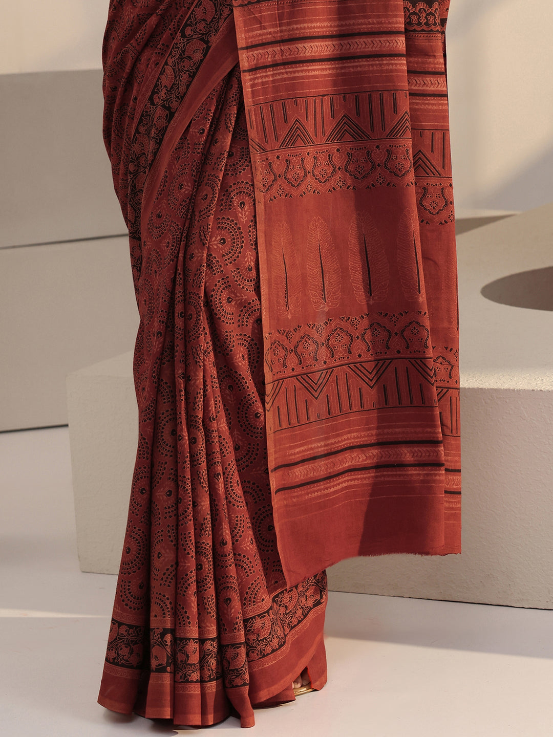 Libas Rust Red Ajrakh Print Cotton Saree
