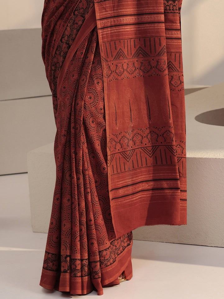 Libas Rust Red Ajrakh Print Cotton Saree