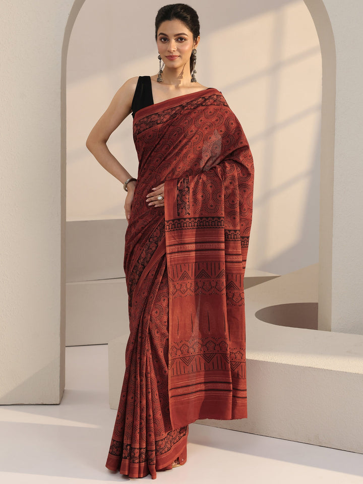 Libas Rust Red Ajrakh Print Cotton Saree