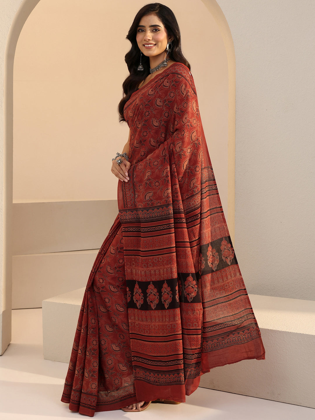 Libas Brick Red Ajrakh Print Cotton Saree