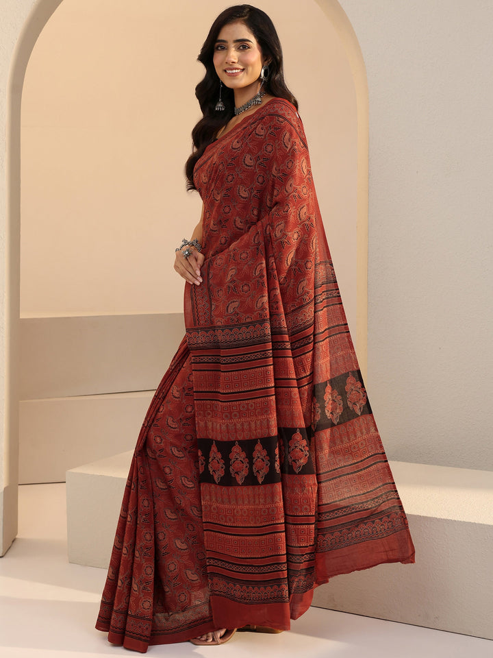 Libas Brick Red Ajrakh Print Cotton Saree