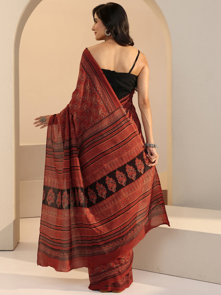 Libas Brick Red Ajrakh Print Cotton Saree