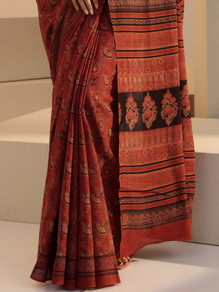 Libas Brick Red Ajrakh Print Cotton Saree