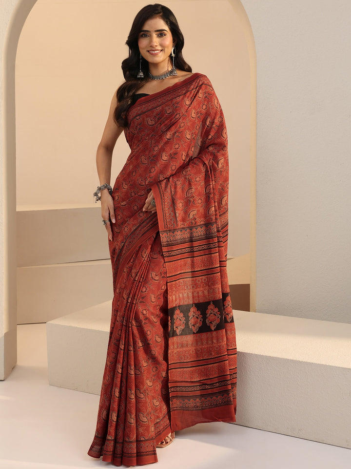 Libas Brick Red Ajrakh Print Cotton Saree
