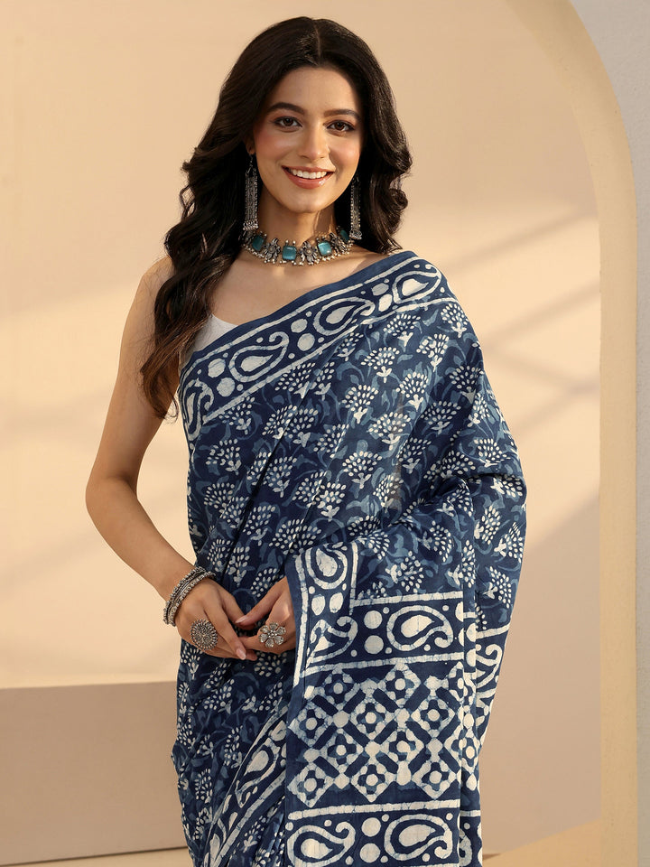 Libas Indigo Batik Print Cotton Saree