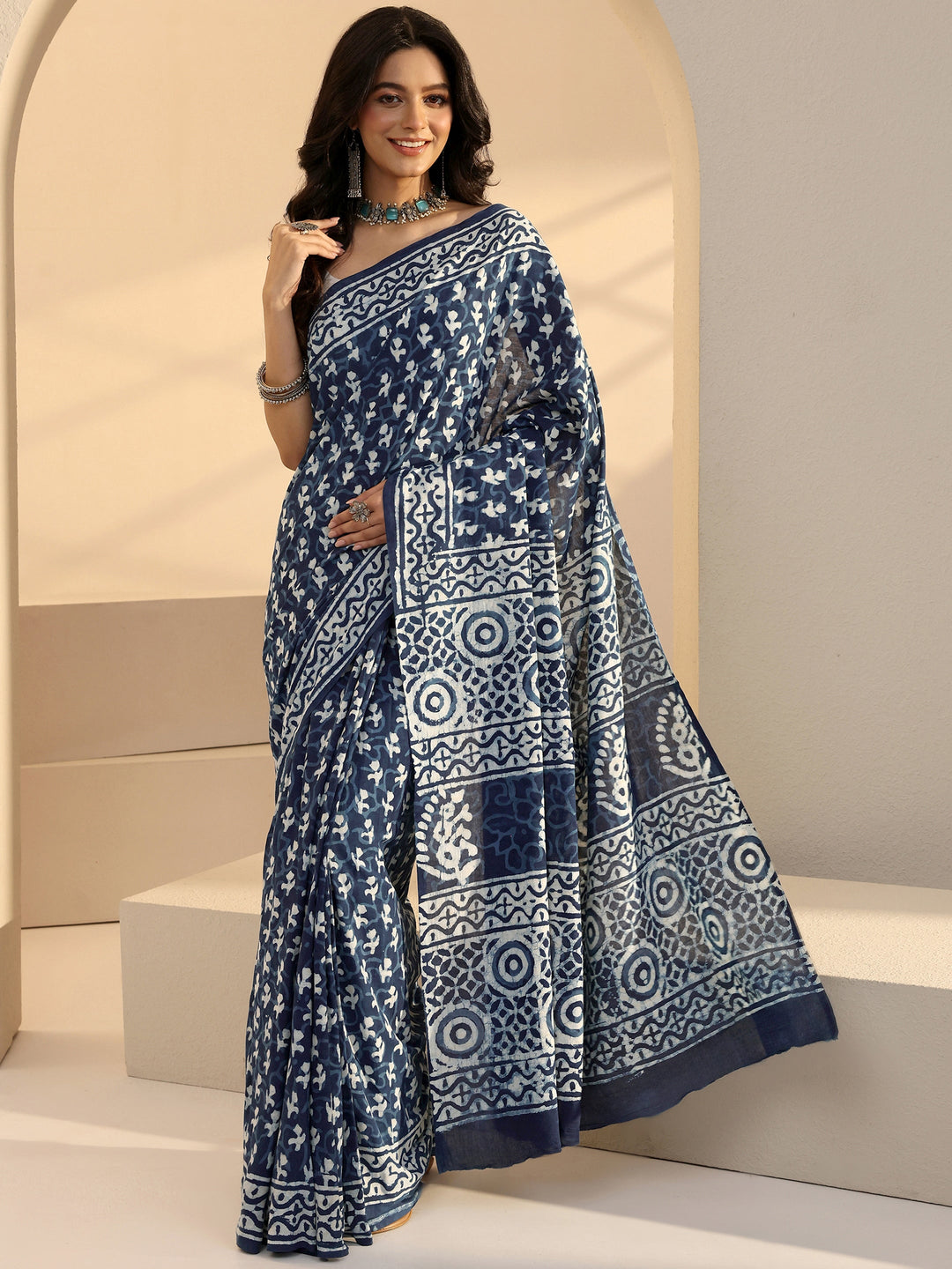 Libas Indigo Bagru Print Cotton Saree