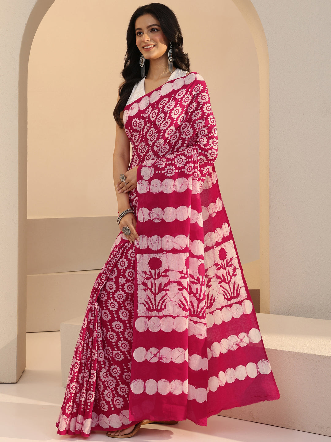 Libas Pink Floral Batik Print Cotton Saree