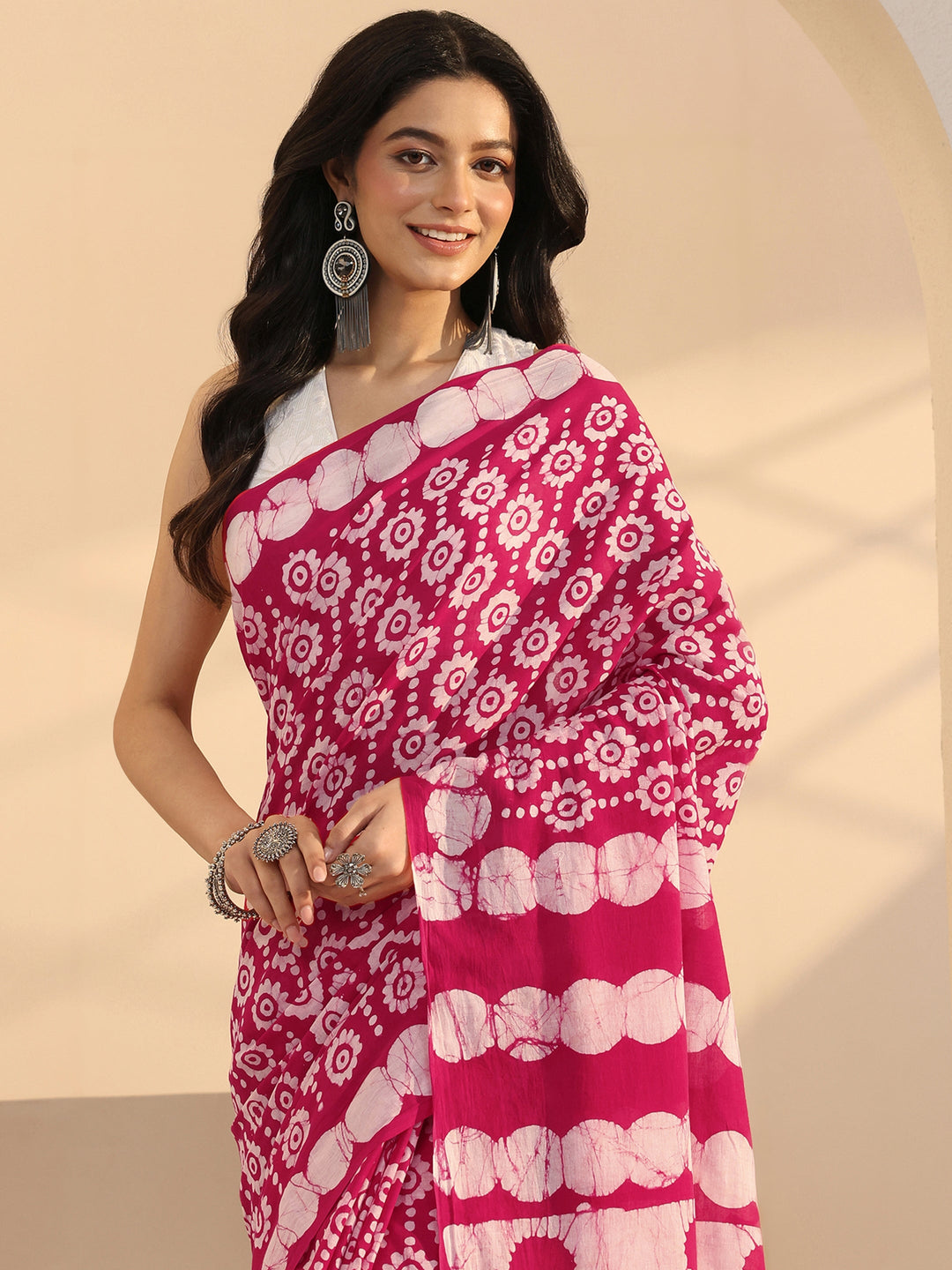 Libas Pink Floral Batik Print Cotton Saree